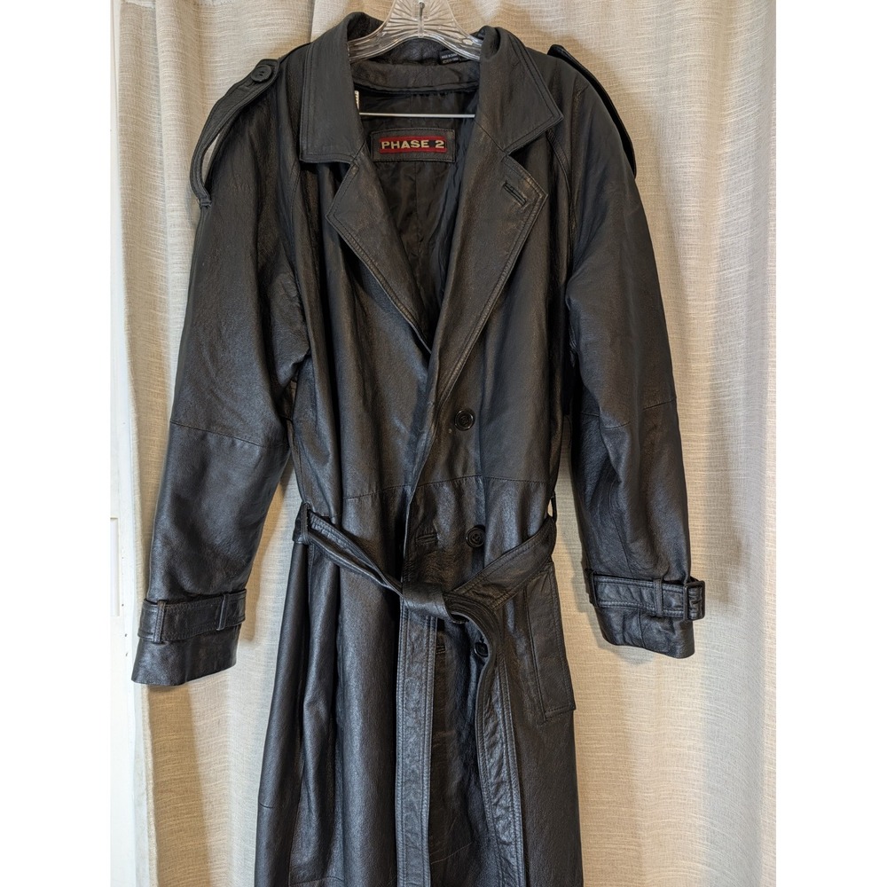 Vintage Phase 2 Black Leather Trench Coat  Men's L Full Length Duster Goth Read